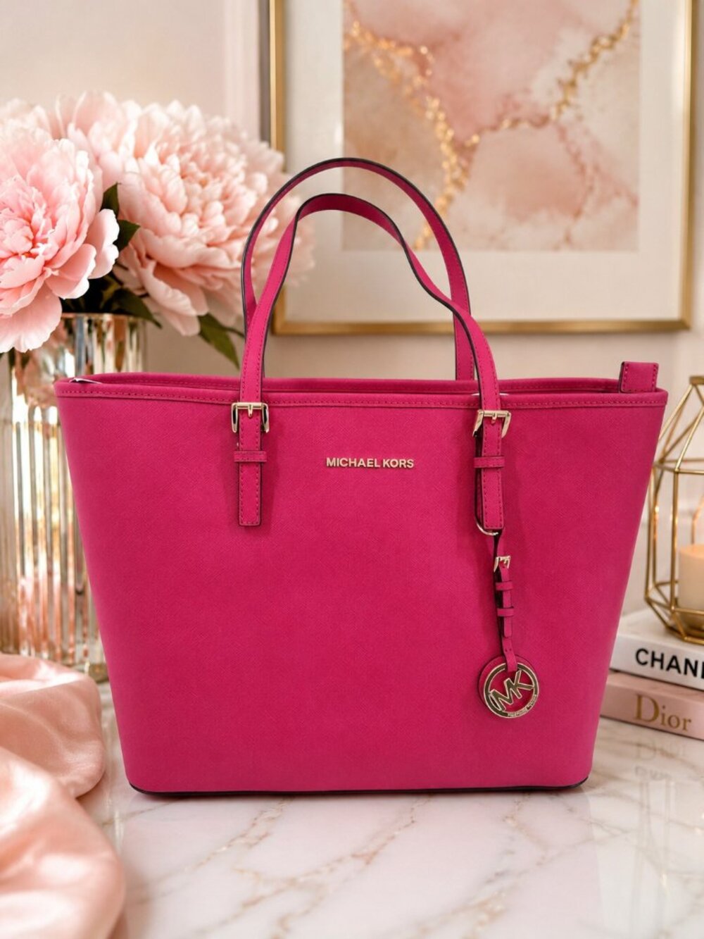 NWT Michael Kors Jet Set Travel Pink Leather Zip Structured Shoulder Bag